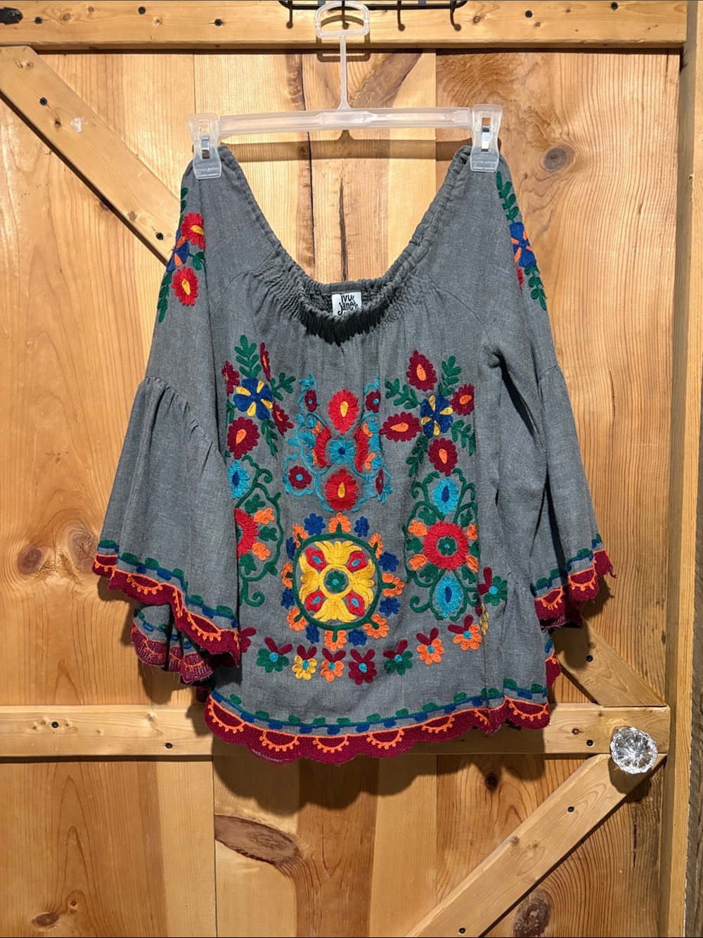 ivy jane Gray Embroidered Boho Peasant Tunic with Multicolor Floral Detail